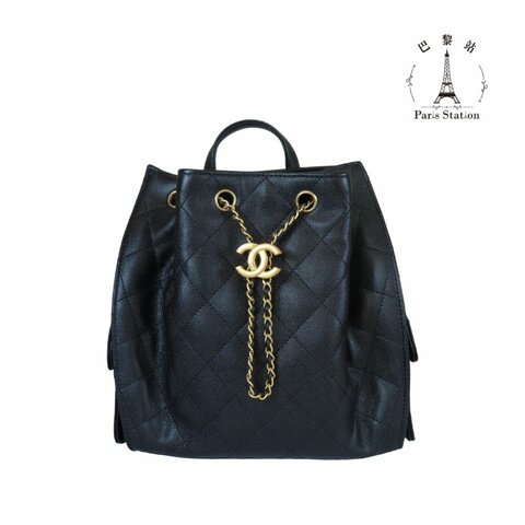 【巴黎站二手名牌專賣店】＊現貨＊CHANEL 香奈兒 真品＊AS5600 黑色荔枝牛皮復古金雙C束口後背包 25中型背包