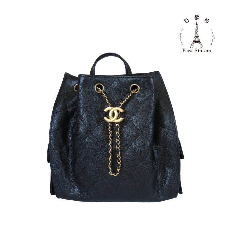 【巴黎站二手名牌專賣店】＊現貨＊CHANEL 香奈兒 真品＊AS5600 黑色荔枝牛皮復古金雙C束口後背包 25中型背包-0