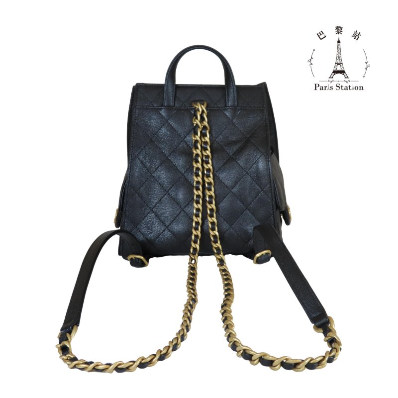 【巴黎站二手名牌專賣店】＊現貨＊CHANEL 香奈兒 真品＊AS5600 黑色荔枝牛皮復古金雙C束口後背包 25中型背包-1