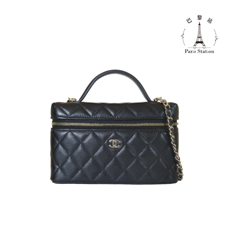 【巴黎站二手名牌專賣店】*全新現貨*CHANEL 香奈兒 真品*AP4385 黑菱格荔枝牛皮淡金雙C LP手提飯盒鍊包-0