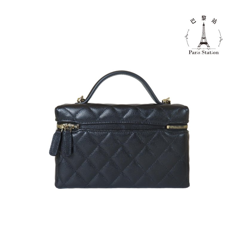 【巴黎站二手名牌專賣店】*全新現貨*CHANEL 香奈兒 真品*AP4385 黑菱格荔枝牛皮淡金雙C LP手提飯盒鍊包-1