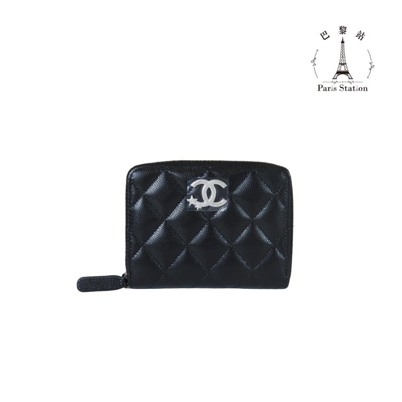 【巴黎站二手名牌專賣店】*全新現貨*CHANEL香奈兒真品*AP4813 黑色菱格紋荔枝牛皮銀星星雙C拉鍊短夾-0