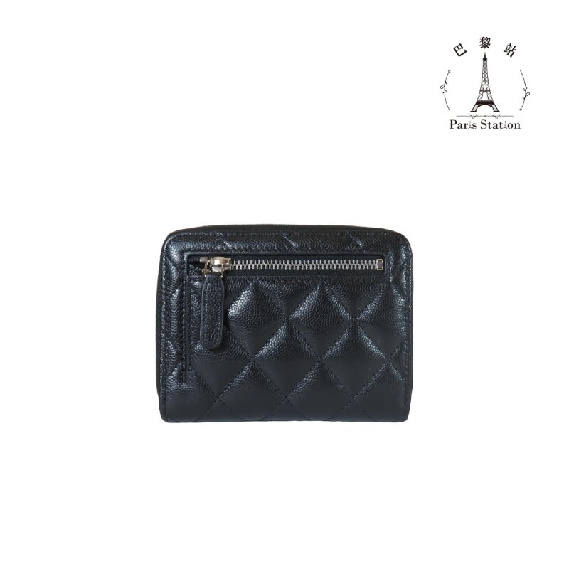 【巴黎站二手名牌專賣店】*全新現貨*CHANEL香奈兒真品*AP4813 黑色菱格紋荔枝牛皮銀星星雙C拉鍊短夾-1