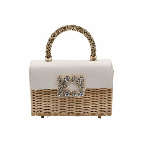 RV珠寶搭扣米色藤編迷你手提包