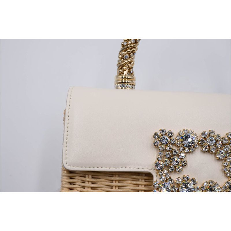 RV珠寶搭扣米色藤編迷你手提包-7