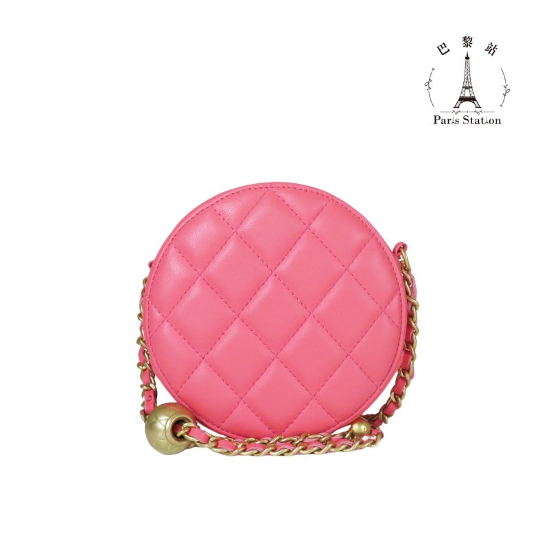 【巴黎站二手名牌專賣店】*現貨*CHANEL香奈兒真品*粉色菱格紋皮革金雙C金球圓餅包-1