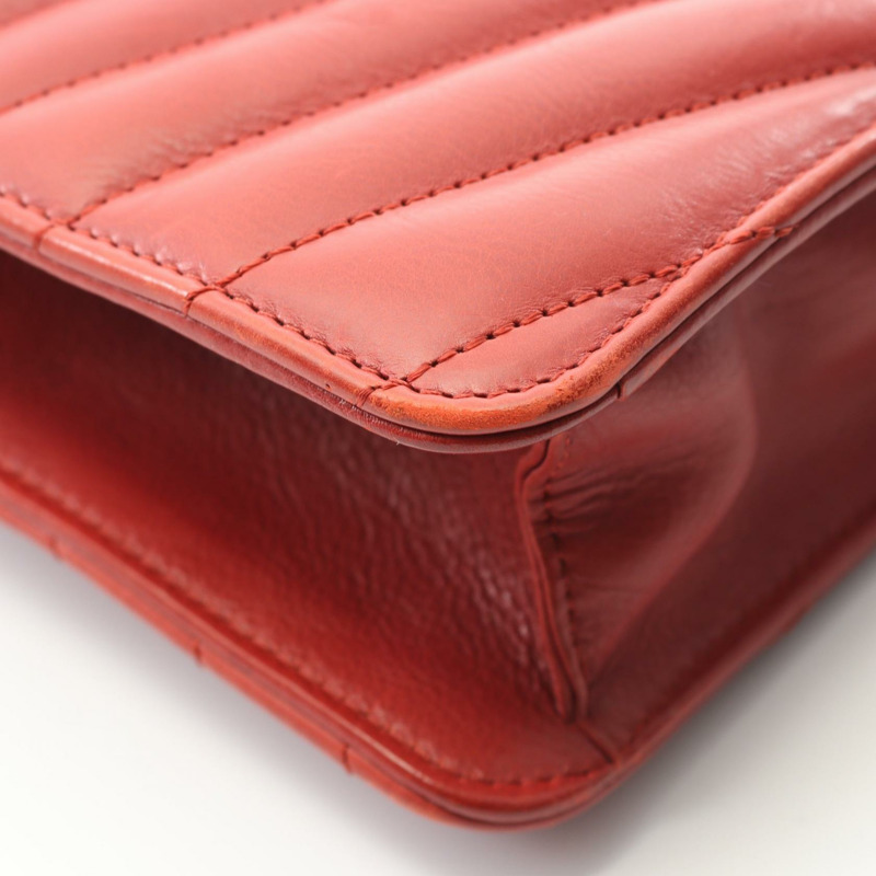 香奈兒斜紋縫線鏈單肩包，羊皮材質，紅色，二手，女士，金色五金-8