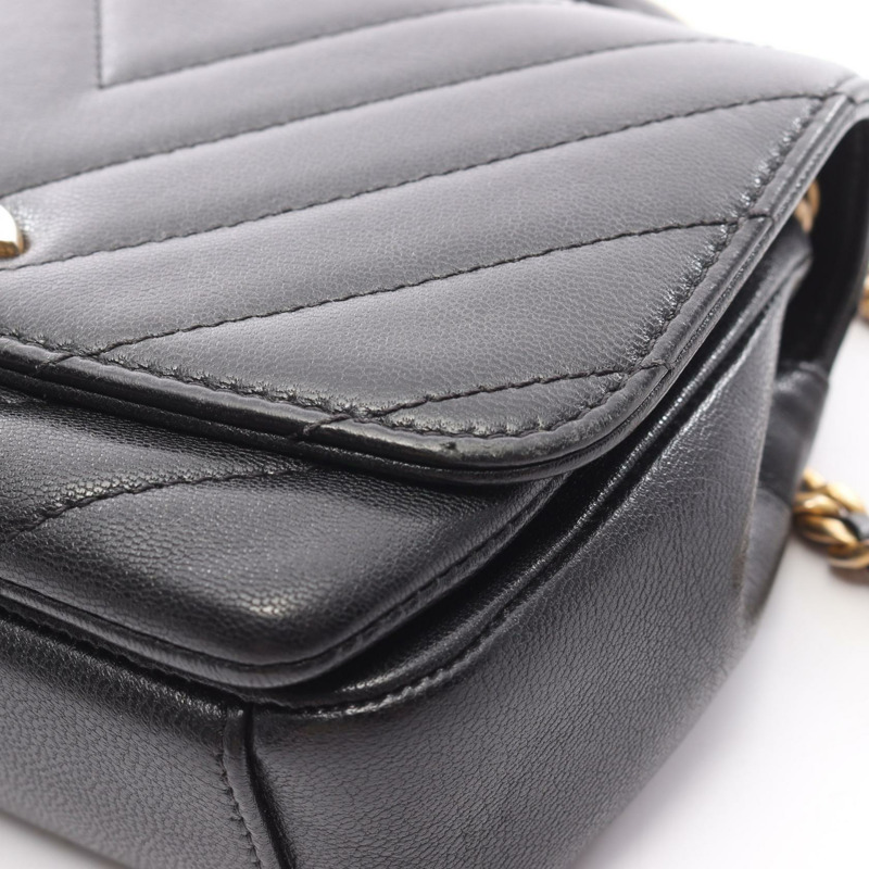 香奈兒 (CHANEL) 人字紋 V 形縫線頂部手柄雙鏈肩背包，黑色皮革，金色五金-6