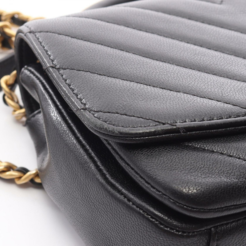 香奈兒 (CHANEL) 人字紋 V 形縫線頂部手柄雙鏈肩背包，黑色皮革，金色五金-7