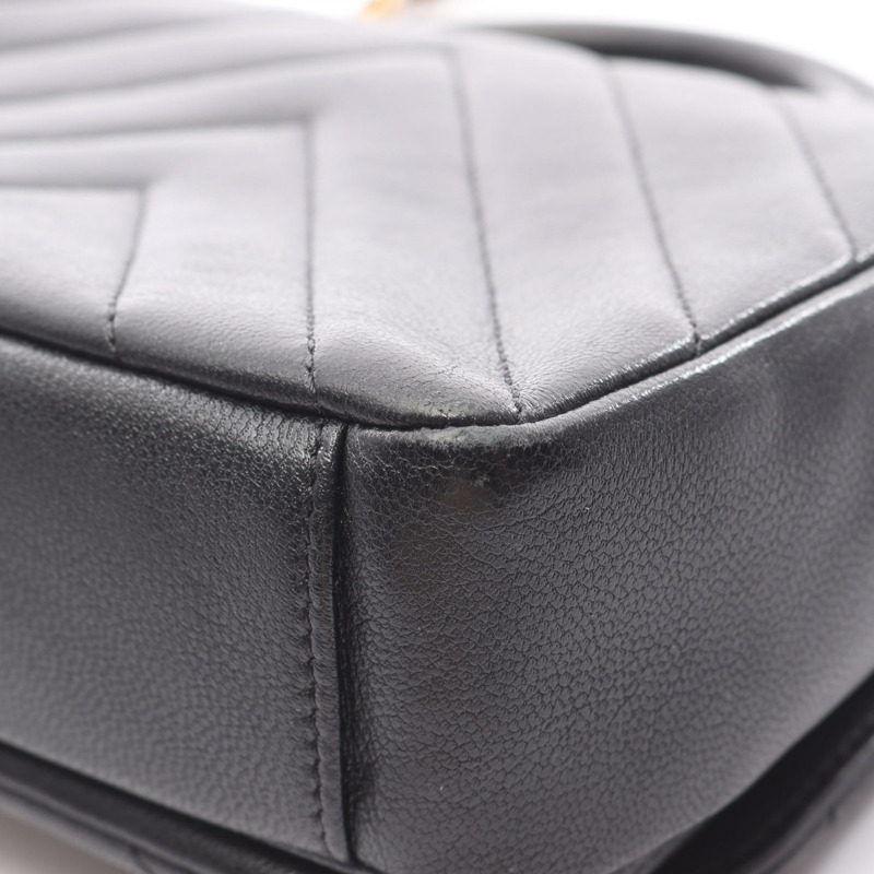 香奈兒 (CHANEL) 人字紋 V 形縫線頂部手柄雙鏈肩背包，黑色皮革，金色五金-9