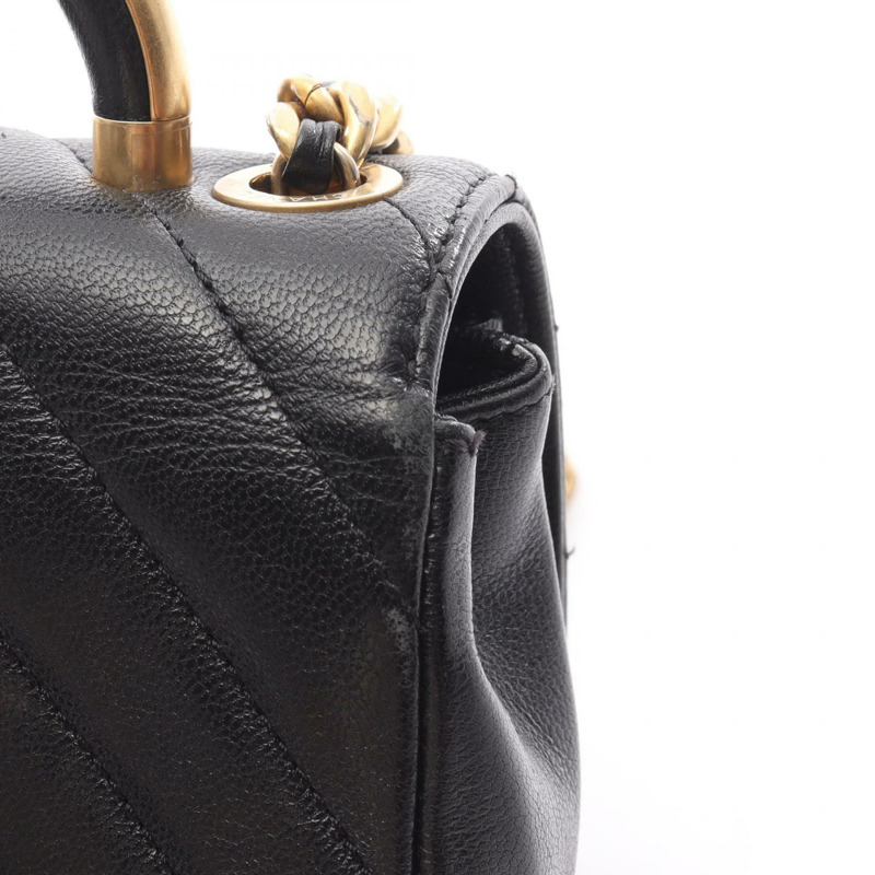 香奈兒 (CHANEL) 人字紋 V 形縫線頂部手柄雙鏈肩背包，黑色皮革，金色五金-13