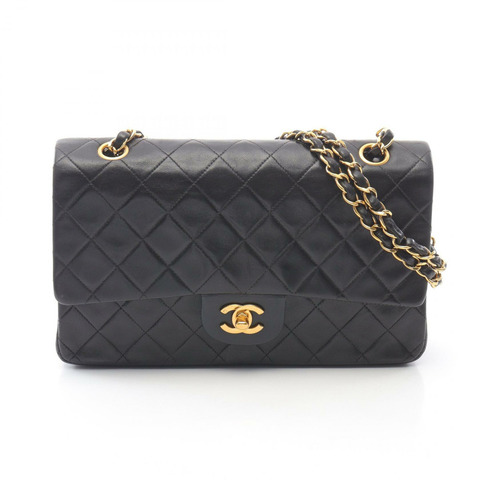 香奈兒 (CHANEL) Matelasse W 翻蓋鏈條單肩背包，羊皮材質，黑色，二手，金色五金