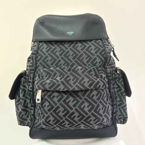 FENDI 深藍FF緹花帆布皮革掀蓋後背包