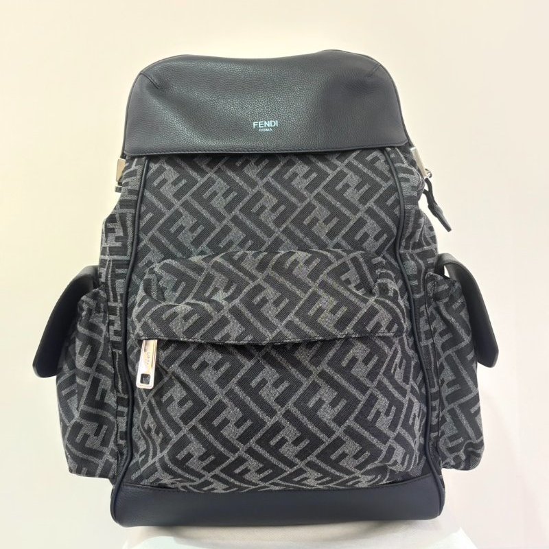 FENDI 深藍FF緹花帆布皮革掀蓋後背包-0