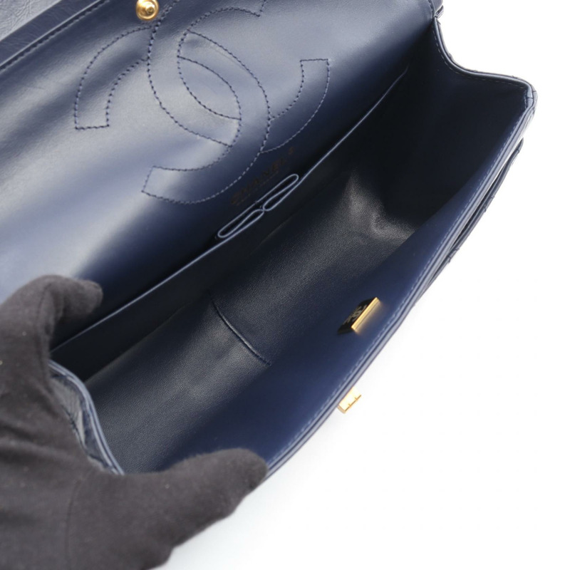 香奈兒 2.55 Matelasse W 翻蓋鏈條單肩背包 A37587 皮革 海軍藍 二手 金五金-2