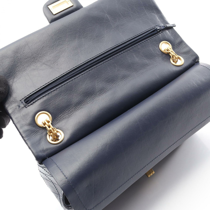 香奈兒 2.55 Matelasse W 翻蓋鏈條單肩背包 A37587 皮革 海軍藍 二手 金五金-5