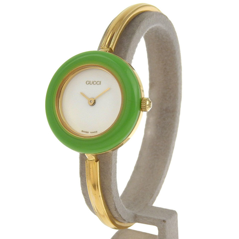Gucci 女士 11/12.2 吋鍍金石英模擬腕錶，白色錶盤，可更換錶圈-1