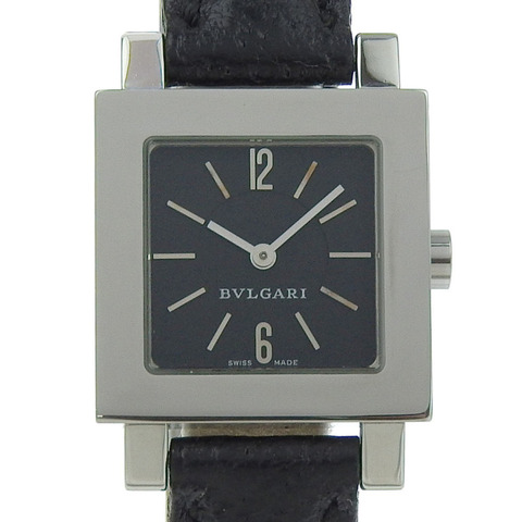 寶格麗 Quadrado SQ22SL 女士腕錶，不鏽鋼和皮革錶殼，石英機芯，指針式顯示，黑色錶盤