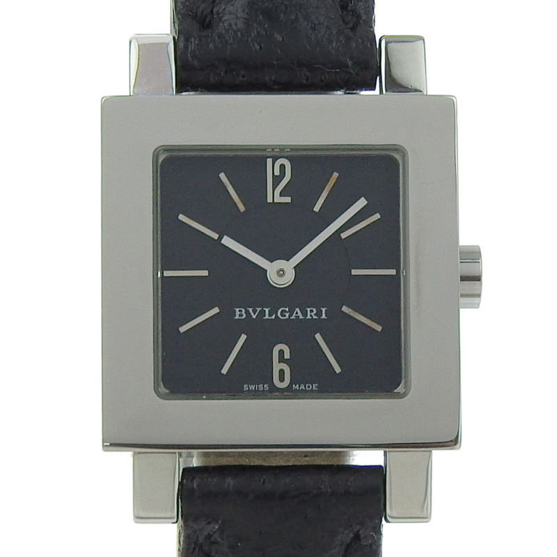 寶格麗 Quadrado SQ22SL 女士腕錶，不鏽鋼和皮革錶殼，石英機芯，指針式顯示，黑色錶盤-0