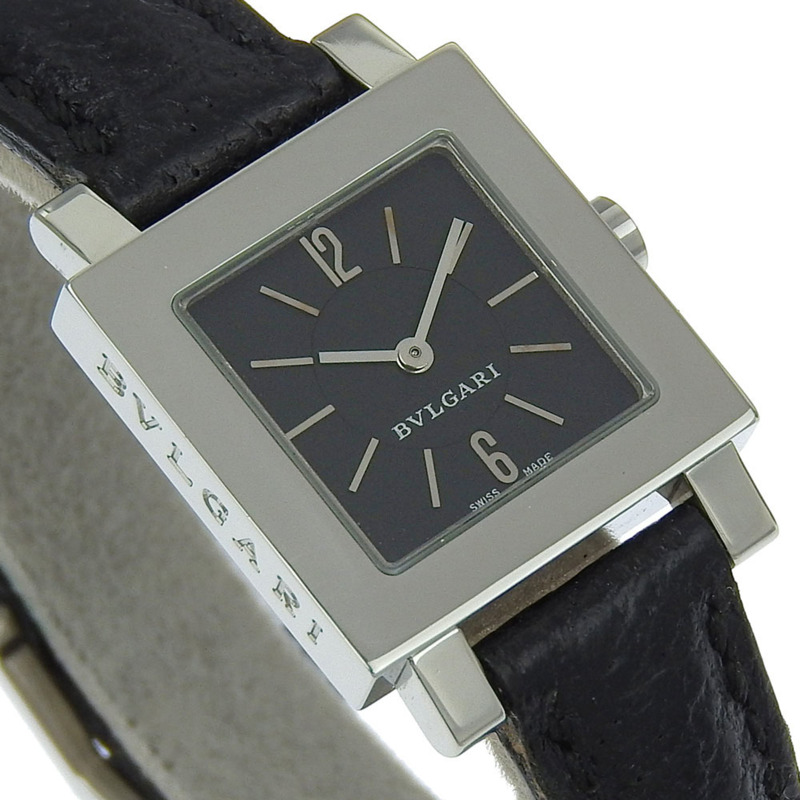 寶格麗 Quadrado SQ22SL 女士腕錶，不鏽鋼和皮革錶殼，石英機芯，指針式顯示，黑色錶盤-2