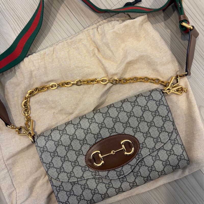Gucci 古馳horsebit 1955全新馬銜扣紅綠織帶鏈袋信封包中號-0