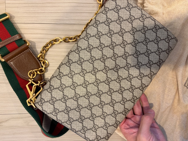 Gucci 古馳horsebit 1955全新馬銜扣紅綠織帶鏈袋信封包中號-3