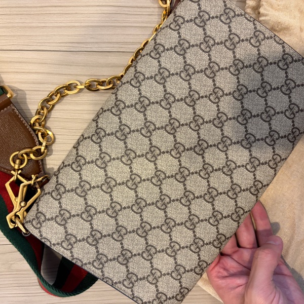 Gucci 古馳horsebit 1955全新馬銜扣紅綠織帶鏈袋信封包中號-9