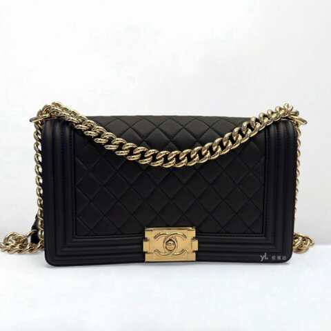 Chanel包包 BOY25黑牛皮淡金釦肩背包A67086