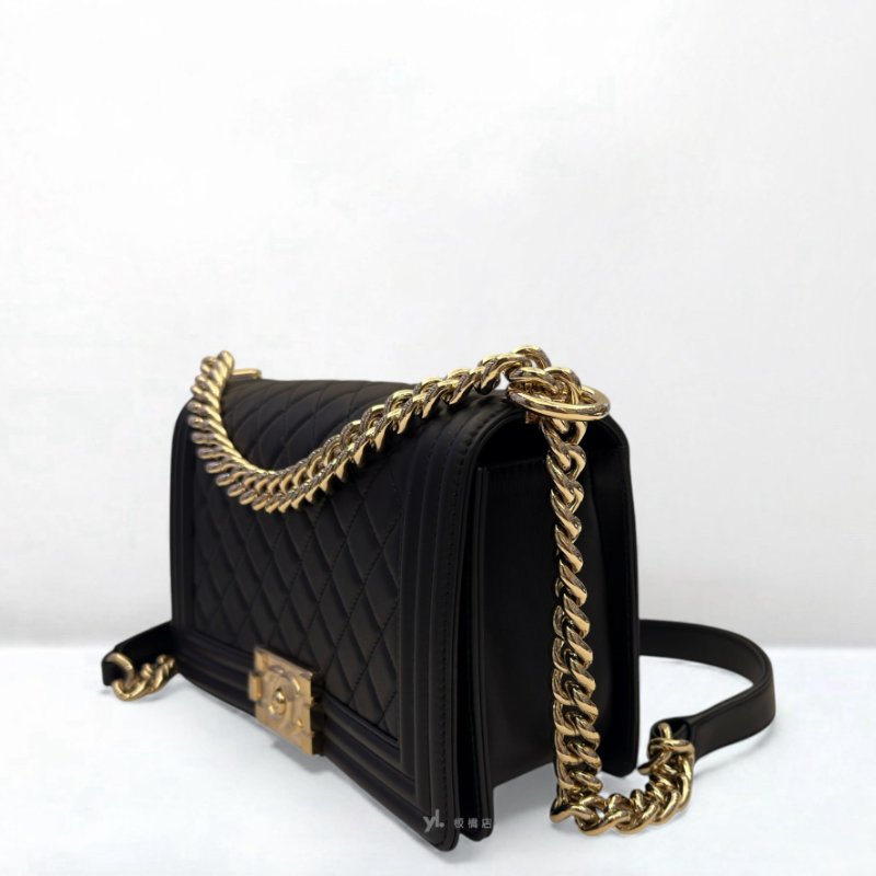 Chanel BOY25黑牛皮淡金釦肩背包A67086-2