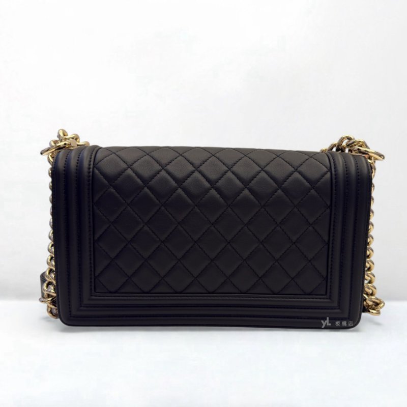Chanel BOY25黑牛皮淡金釦肩背包A67086-3