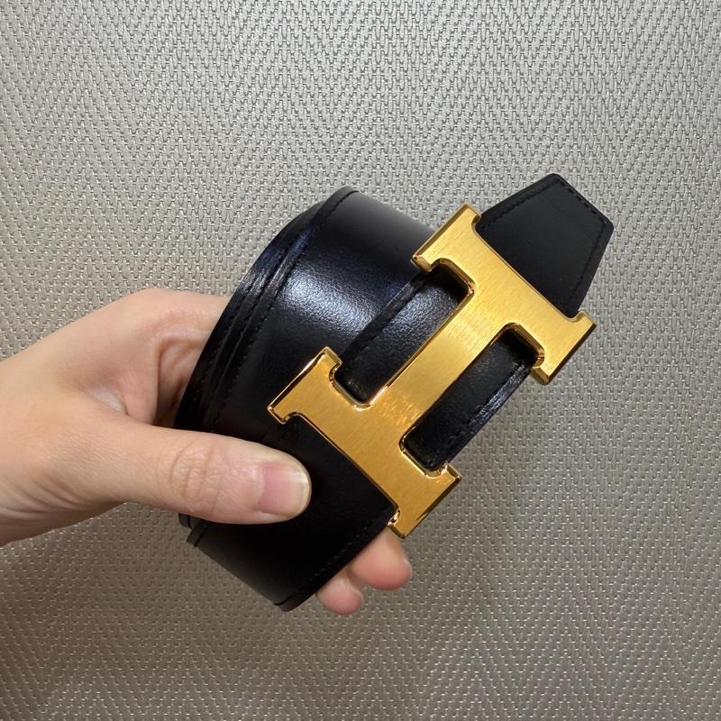 Hermes 黑Box皮積雨雲灰Togo皮拉絲H釦雙面皮帶-0