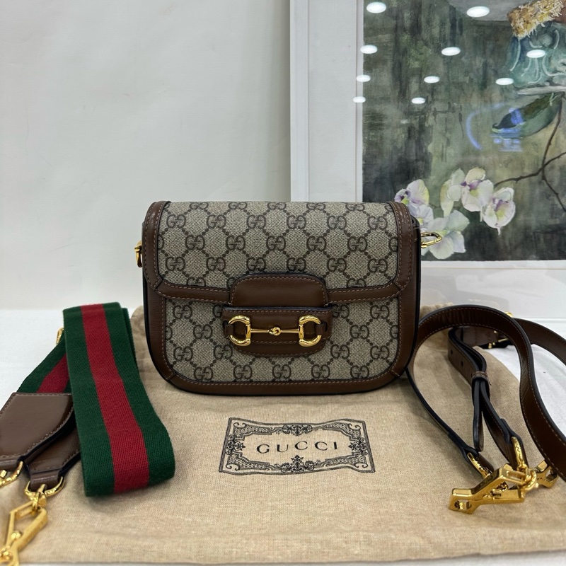 Gucci古馳1955系列小棕色老花雙肩帶1955馬鞍包肩包 底長：20cm-0
