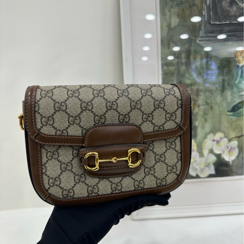 Gucci古馳1955系列小棕色老花雙肩帶1955馬鞍包肩包 底長：20cm-6