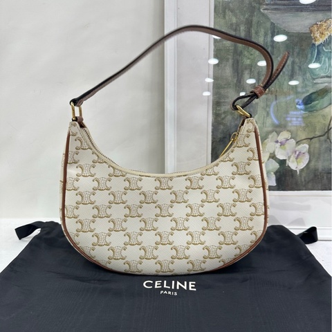 CELINE賽琳 AVA 全身老花滿印拉鍊鎖 牛皮革飾邊 手提單肩包 女款 米棕色