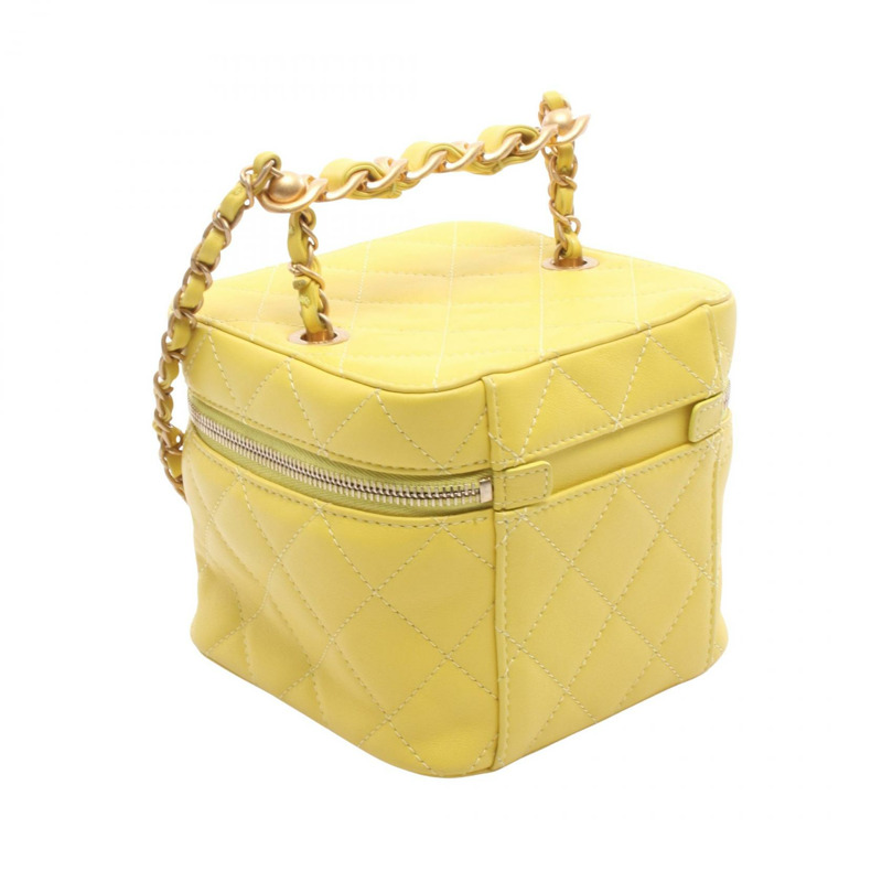 香奈兒 (CHANEL) 絎縫鏈條斜挎包，黃色皮革，金色五金，二手，女士 CC-1