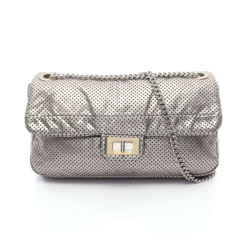 香奈兒 2.55 沖孔鏈條單肩包 皮革 銀色 二手 女士-0