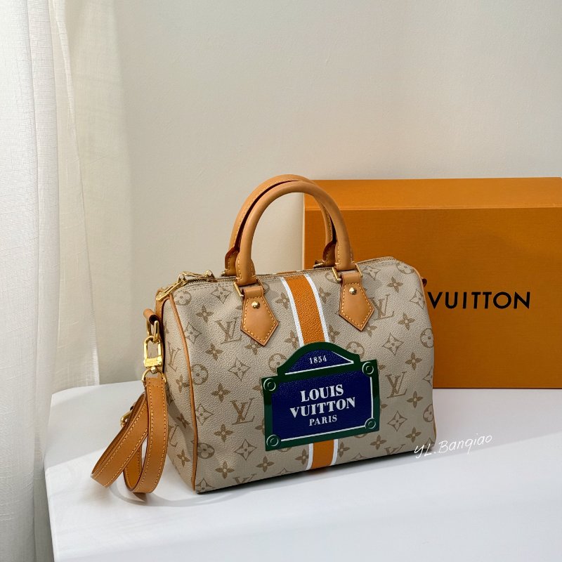 LV 限量巴黎路牌標誌奶油色Speedy 25-0