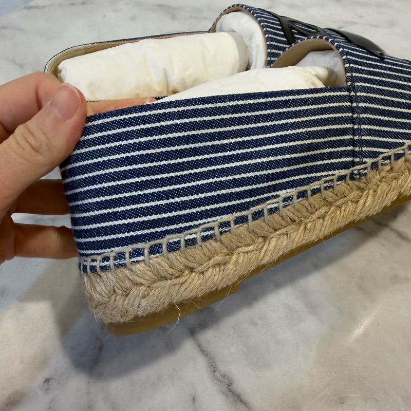 Chanel 藍白條紋帆布拼黑牛皮草編鞋G29762-8