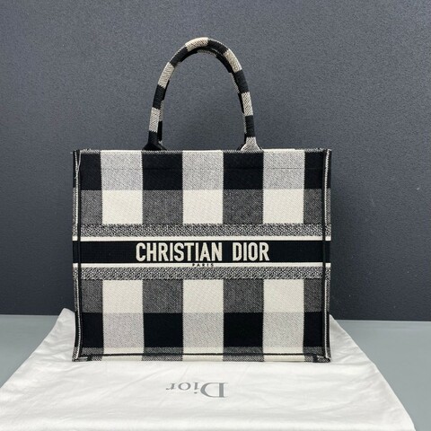 Dior迪奧 黑白格紋book tote大號托特包