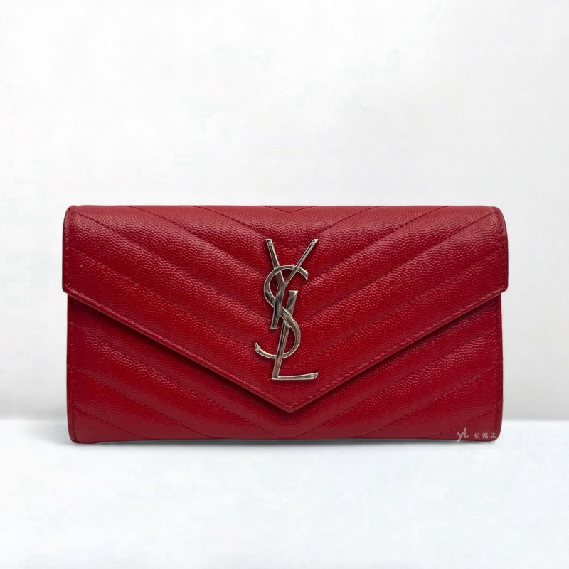 YSL皮夾 紅色荔枝皮信封下蓋長夾-0