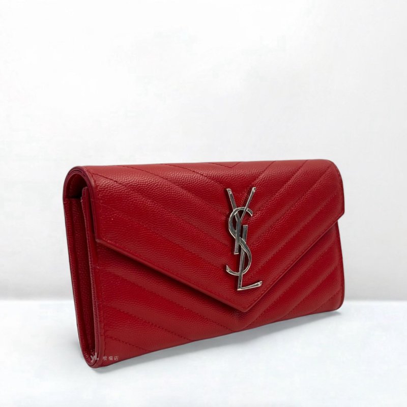 YSL皮夾 紅色荔枝皮信封下蓋長夾-1