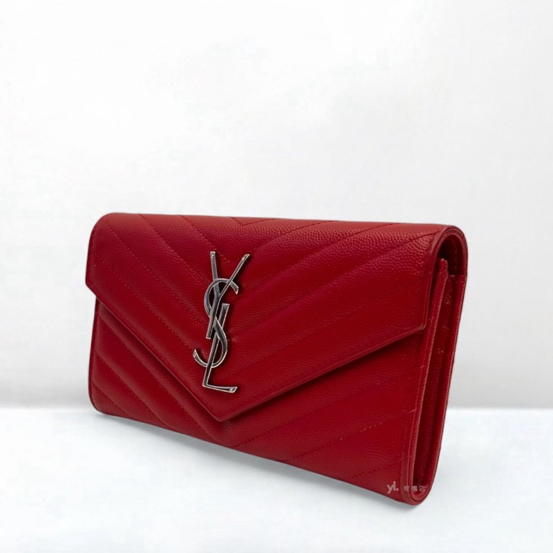 YSL皮夾 紅色荔枝皮信封下蓋長夾-2