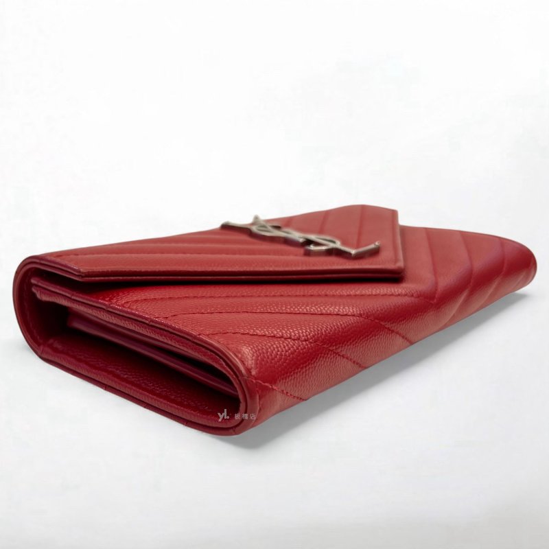 YSL皮夾 紅色荔枝皮信封下蓋長夾-6