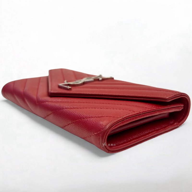 YSL皮夾 紅色荔枝皮信封下蓋長夾-7
