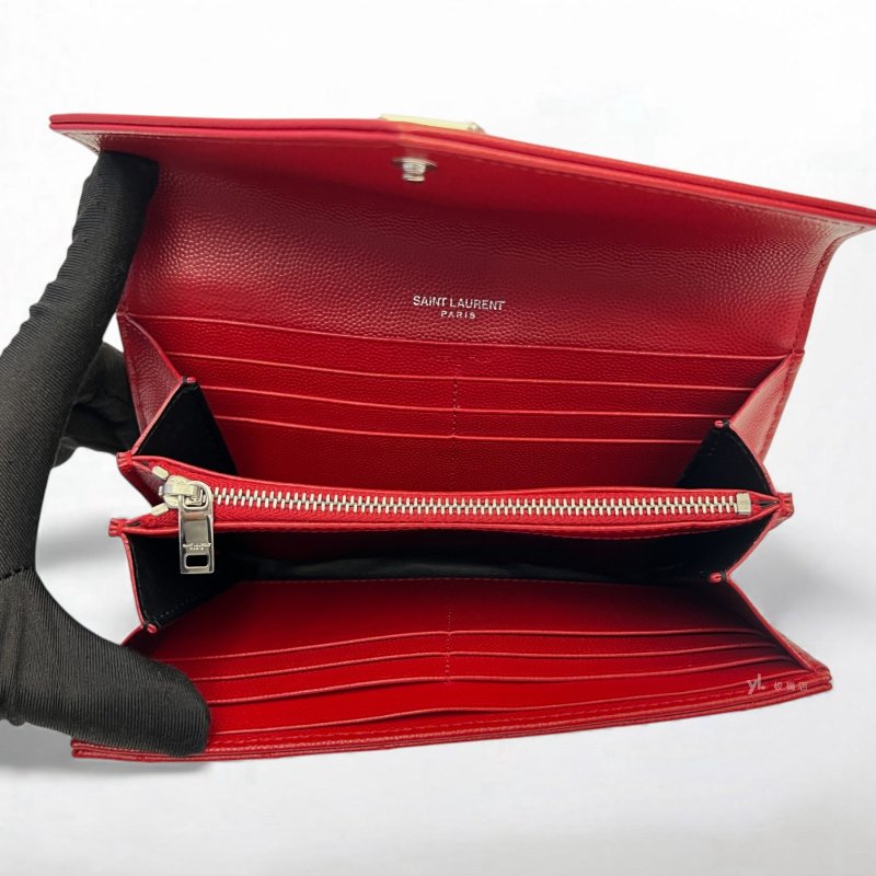 YSL皮夾 紅色荔枝皮信封下蓋長夾-8