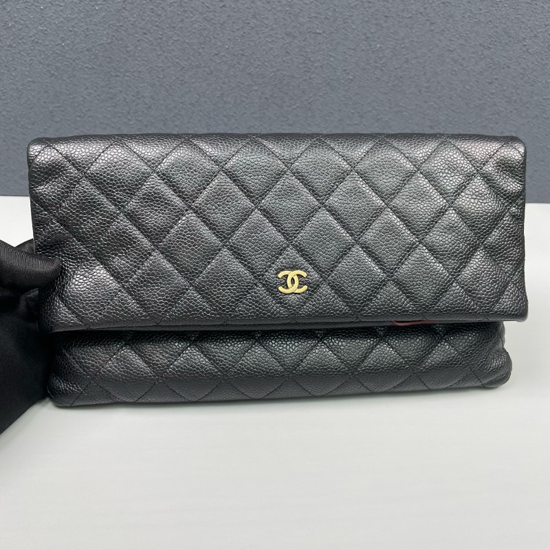 Chanel香奈兒 黑金荔枝牛皮手拿包-9