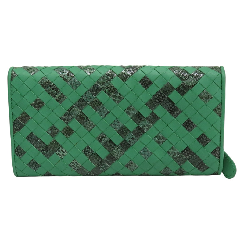 綠色 蛇皮/牛皮 銀扣 兩折皮夾【BOTTEGA VENETA 寶緹嘉】-1