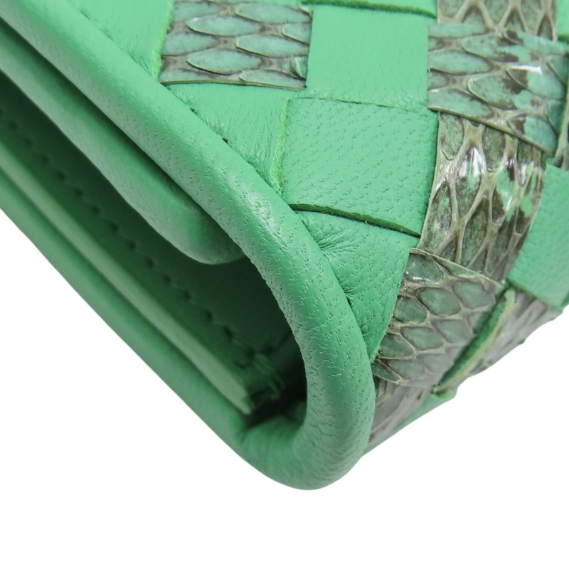 綠色 蛇皮/牛皮 銀扣 兩折皮夾【BOTTEGA VENETA 寶緹嘉】-14