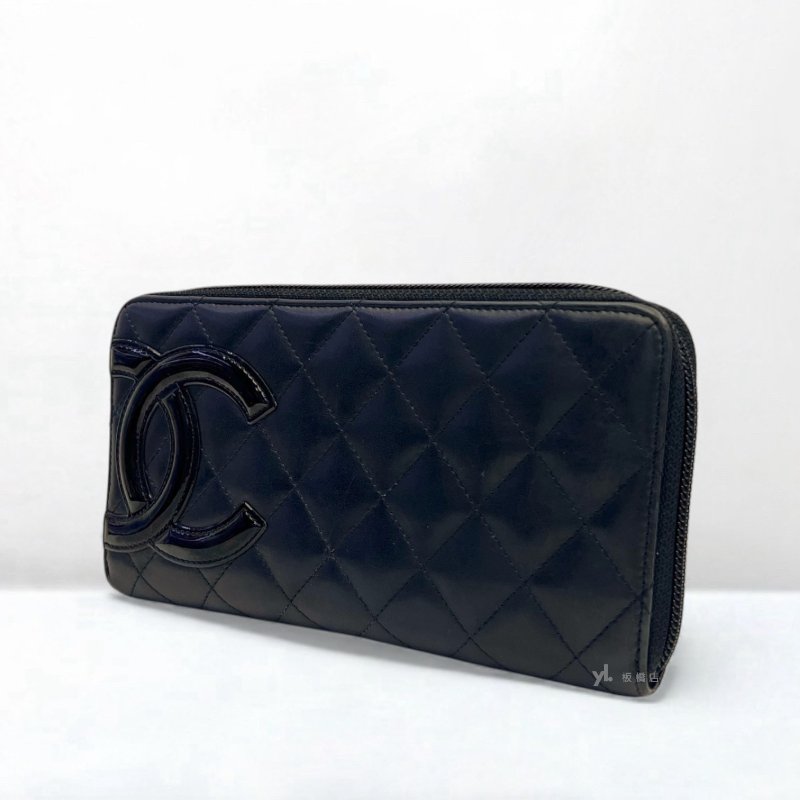CHANEL 黑色羊皮雙C康朋拉鍊長夾A50078-2