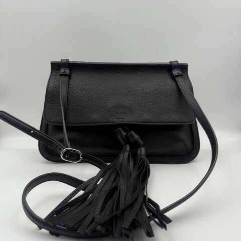 GUCCI古馳 竹節流蘇掛飾 荔枝紋牛皮 單肩包斜挎包 女款 黑色